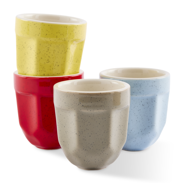 Four speckled porcelain espresso cups in yellow, red, light blue, and light gray, stacked and arranged together