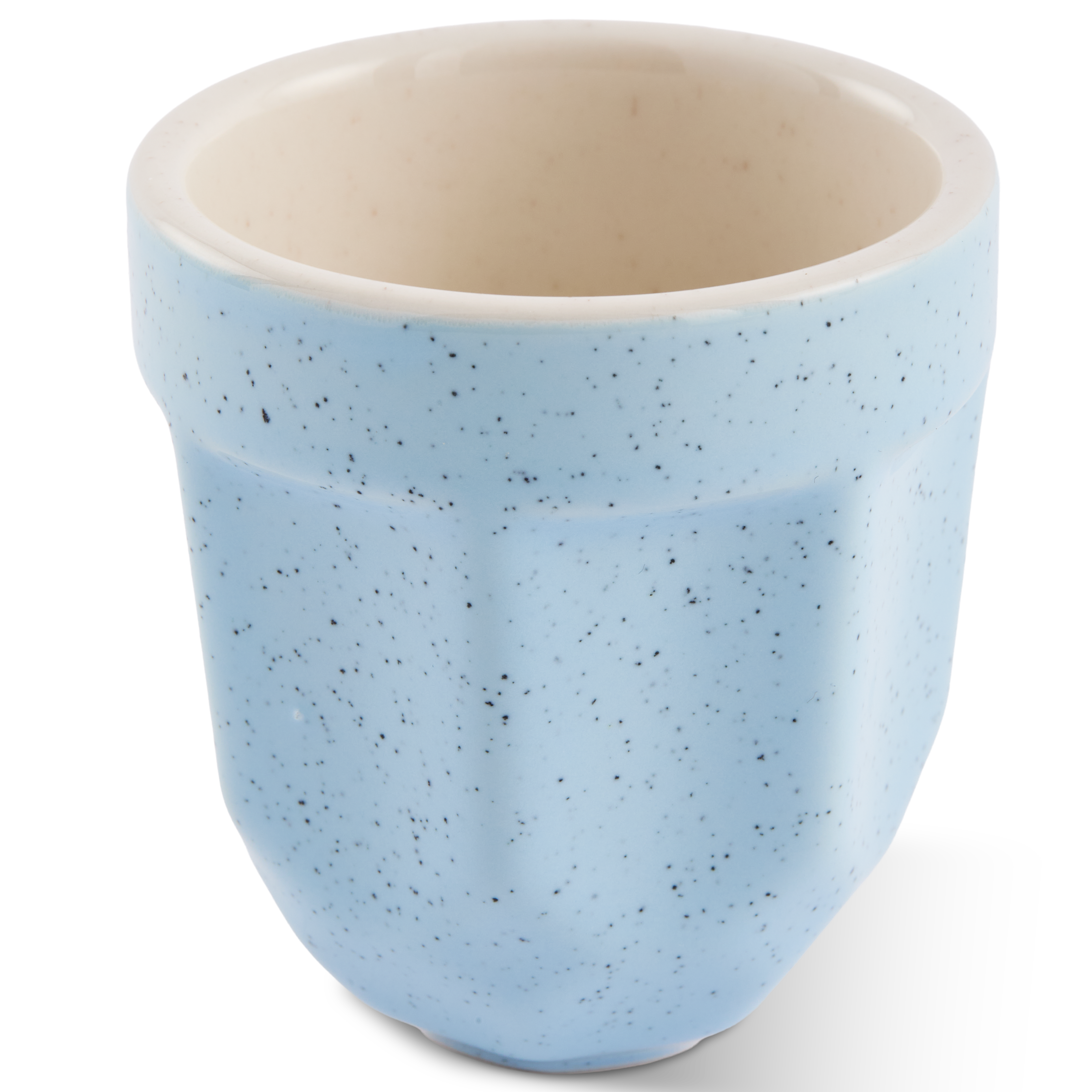 A light blue speckled porcelain espresso cup with a cream-colored interior