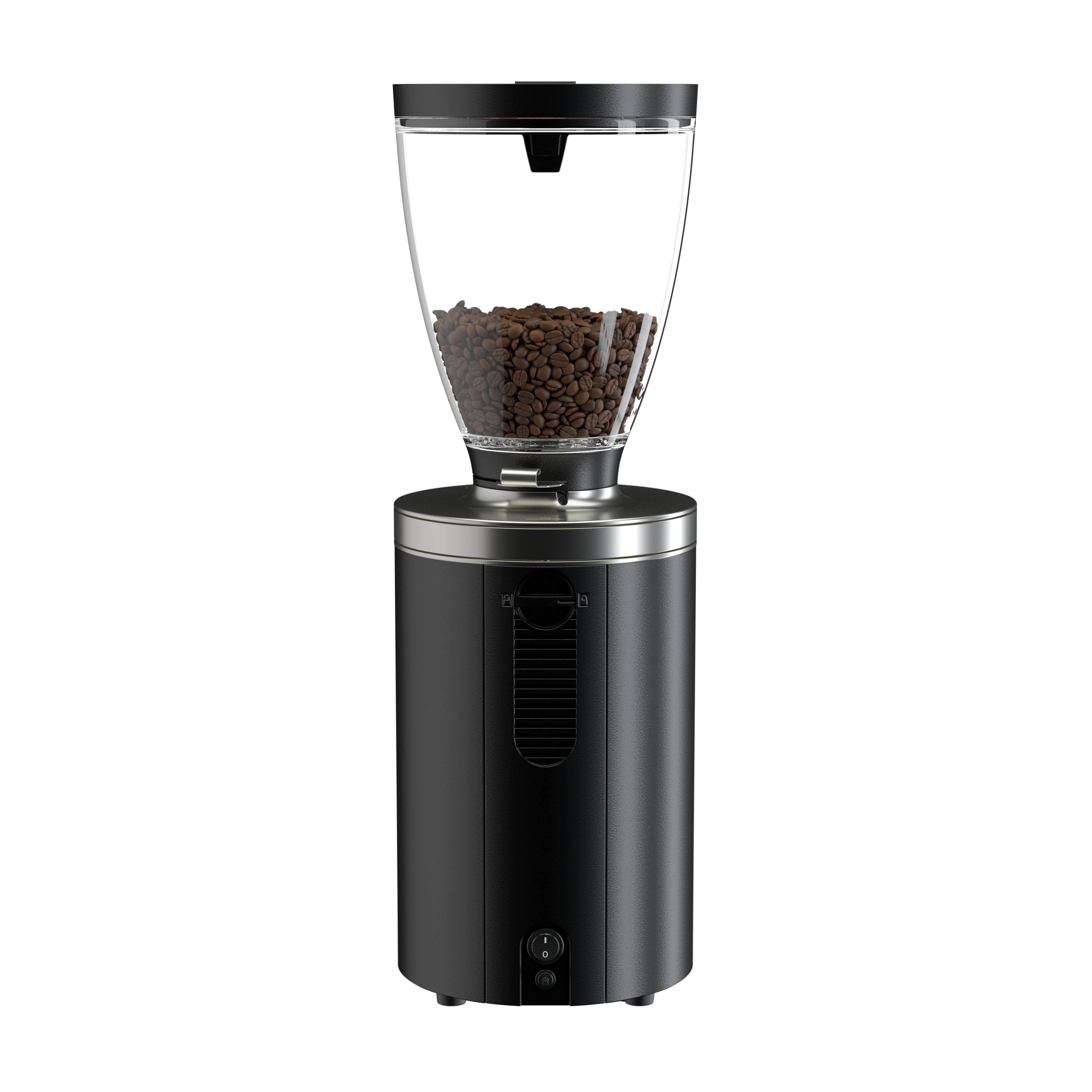 Black coffee grinder with hopper on a white background