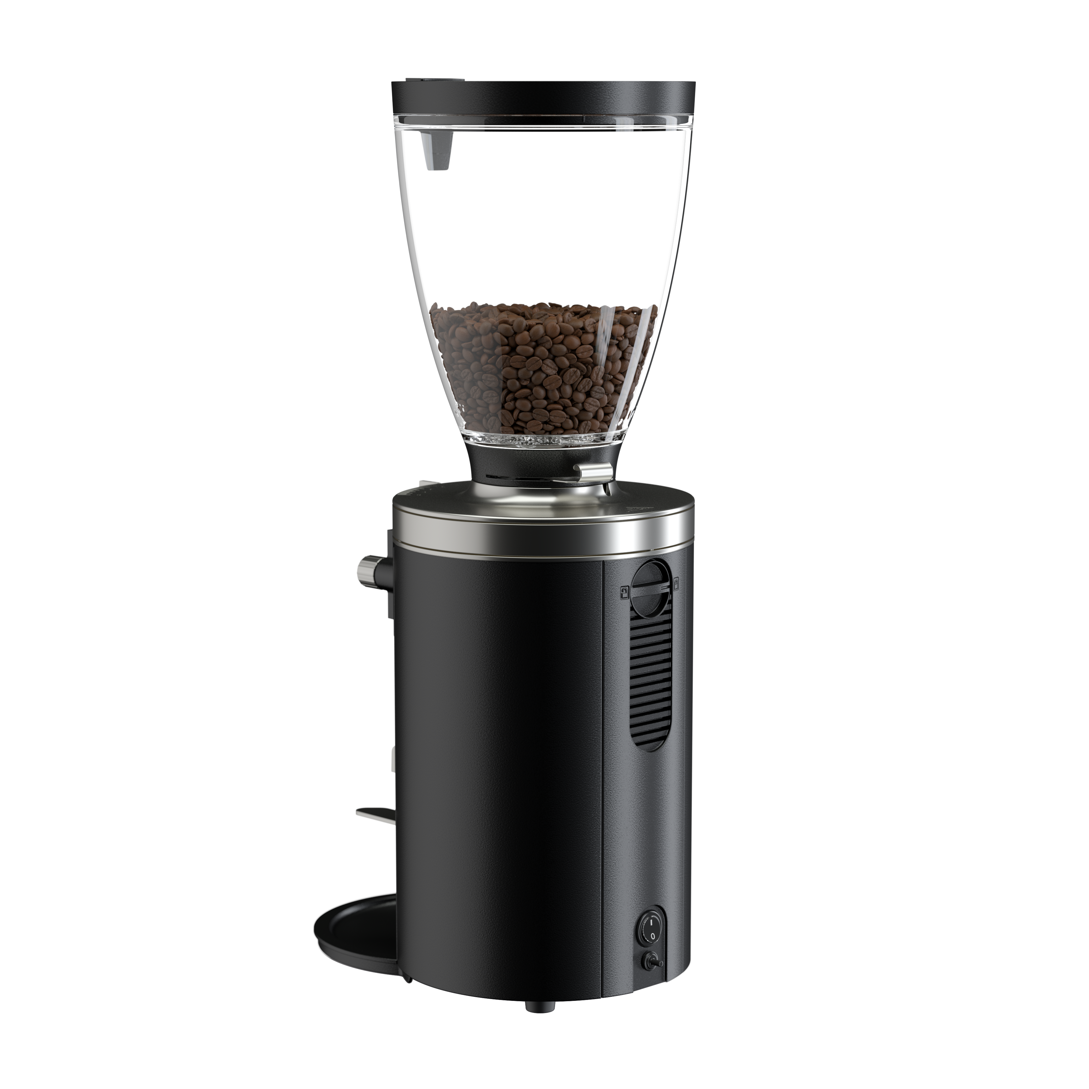 Black coffee grinder with hopper on a white background