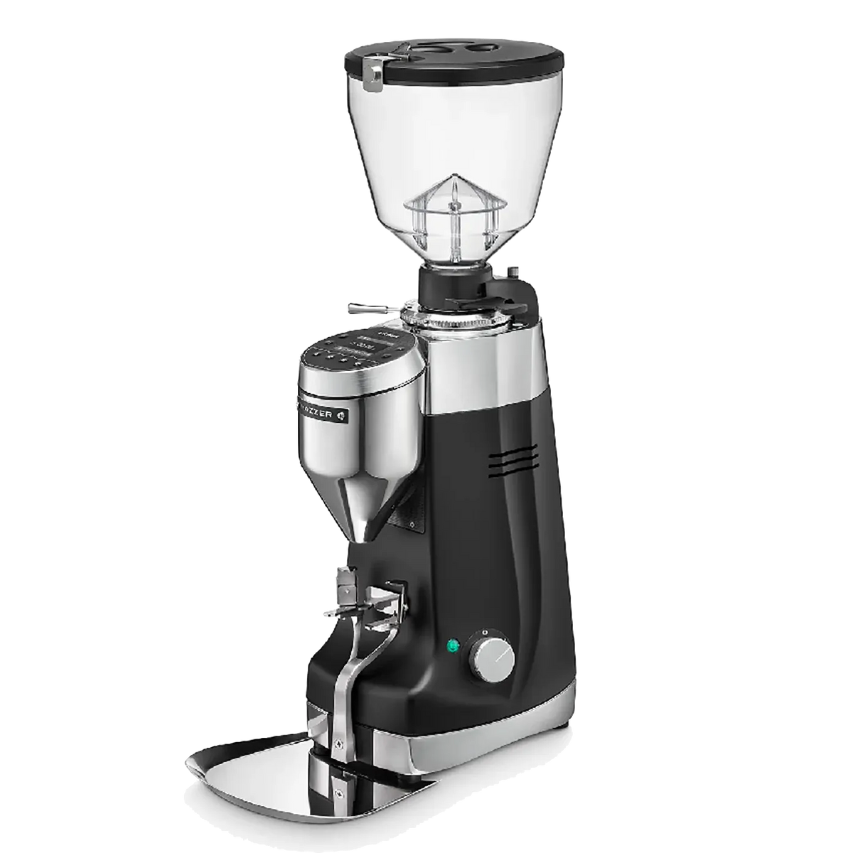 A professional electric coffee grinder with a black and stainless steel body, a clear hopper, and a metal bean hopper container, shown on a white background with a soft shadow.
