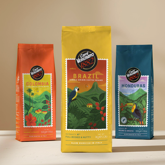 Three coffee bags from Caffè Vergnano, each representing different countries with colorful designs on a beige background.